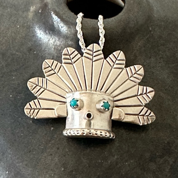 Vintage Sterling Silver Turquoise Kachina Pendant Necklace Native American Style - Picture 3 of 10